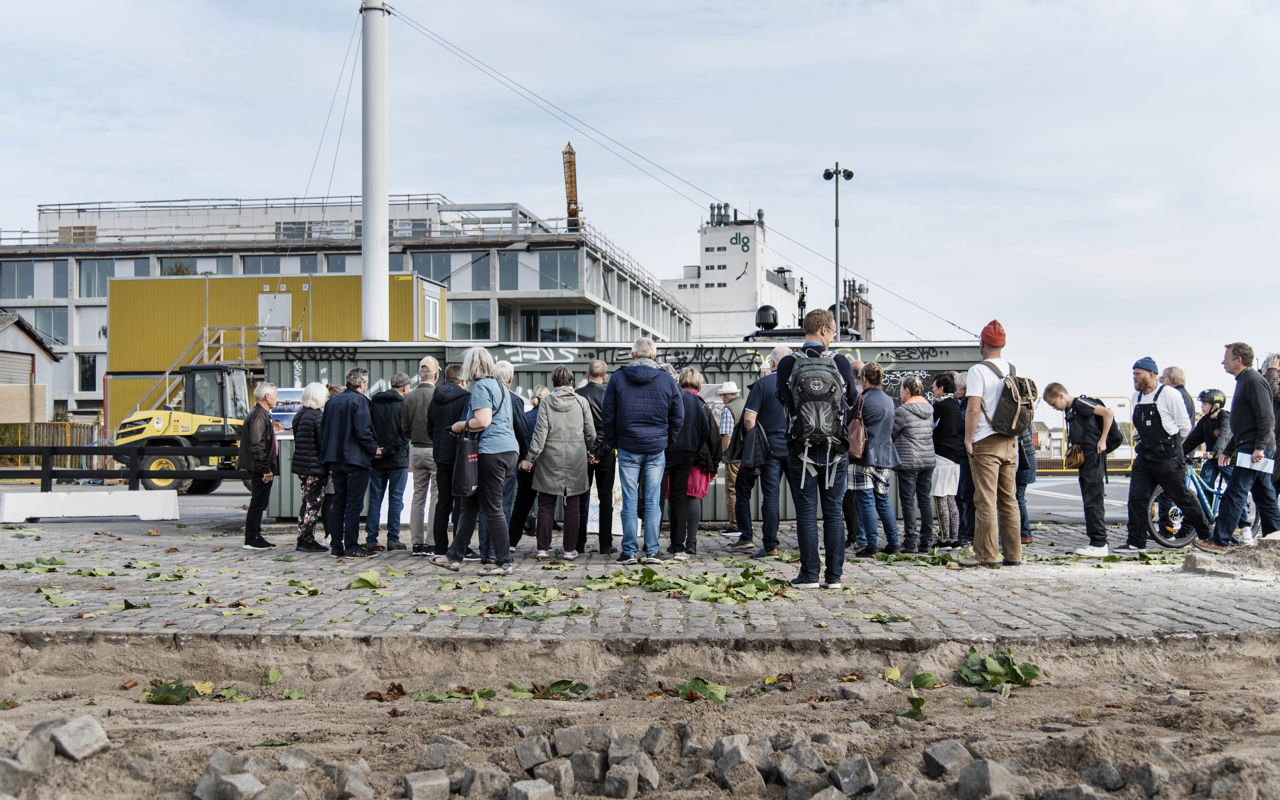 En flok borgere på havnevandring kigger mod SIMAC.