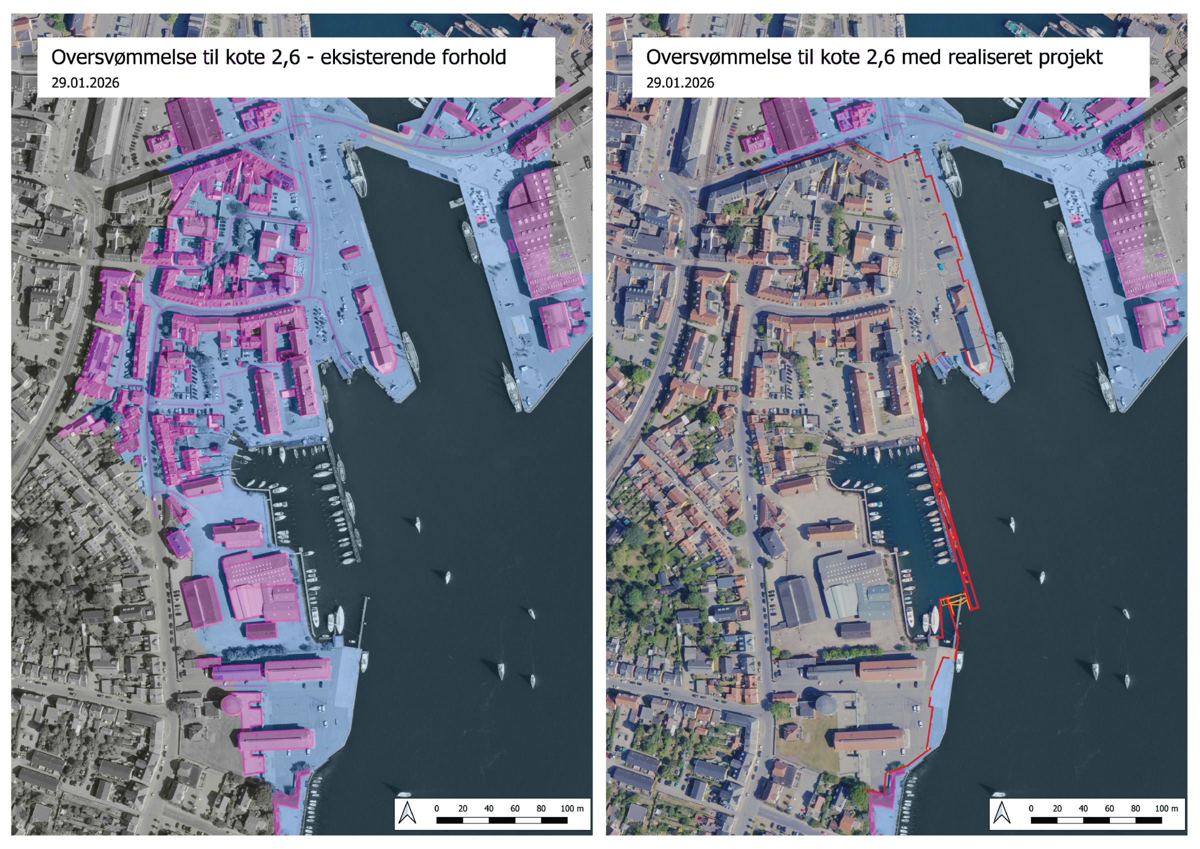 To side-by-side kort over Søndre Havn – Havnepladsen, der viser oversvømmelse ved kote 2,6. Venstre kort viser eksisterende forhold med store områder markeret i blå (oversvømmede arealer) og bygninger fremhævet i pink. Højre kort viser samme område efter et realiseret projekt, hvor en rød linje angiver en kystsikring, og de oversvømmede områder er væsentligt reduceret.