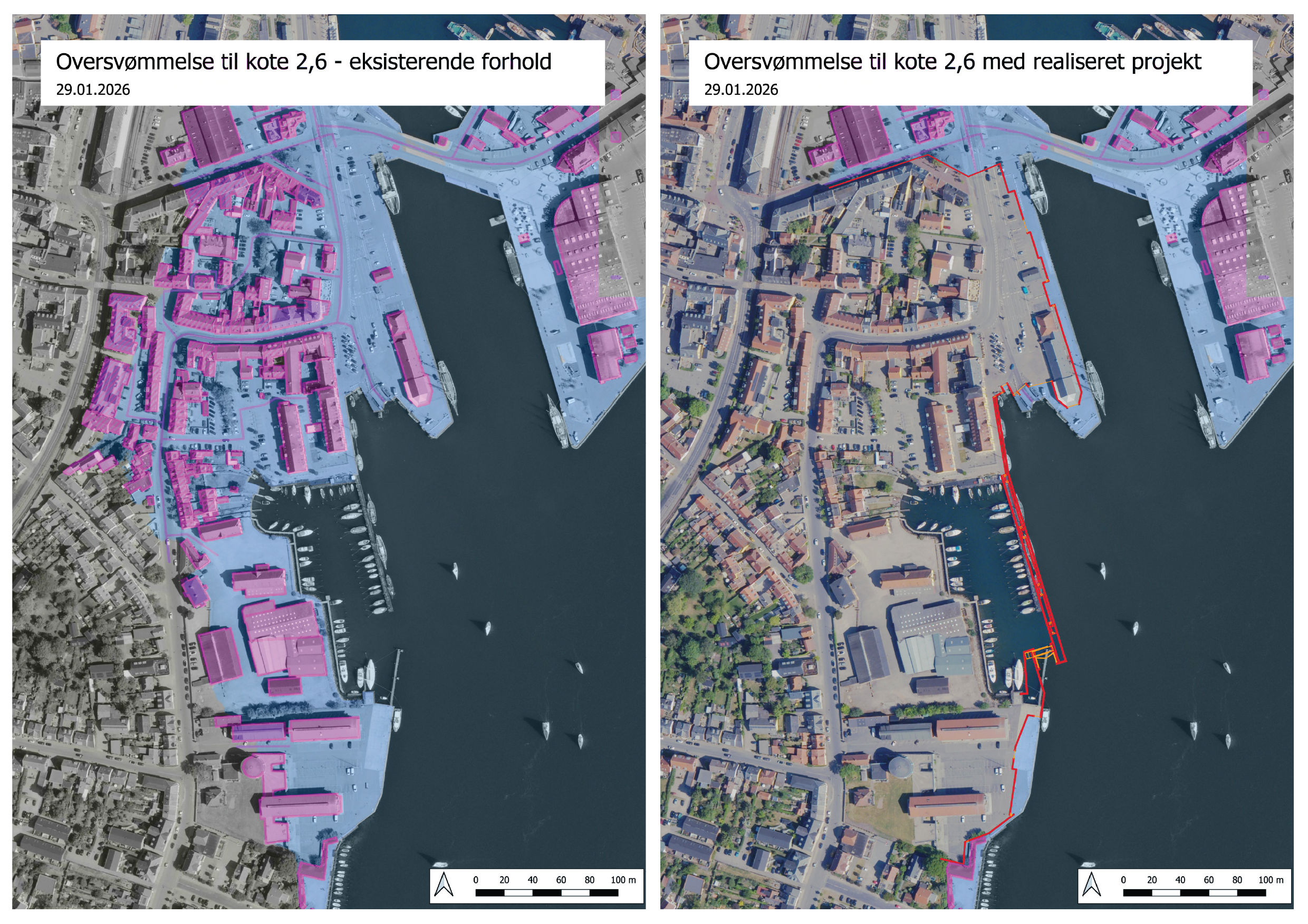 To side-by-side kort over Søndre Havn – Havnepladsen, der viser oversvømmelse ved kote 2,6. Venstre kort viser eksisterende forhold med store områder markeret i blå (oversvømmede arealer) og bygninger fremhævet i pink. Højre kort viser samme område efter et realiseret projekt, hvor en rød linje angiver en kystsikring, og de oversvømmede områder er væsentligt reduceret.