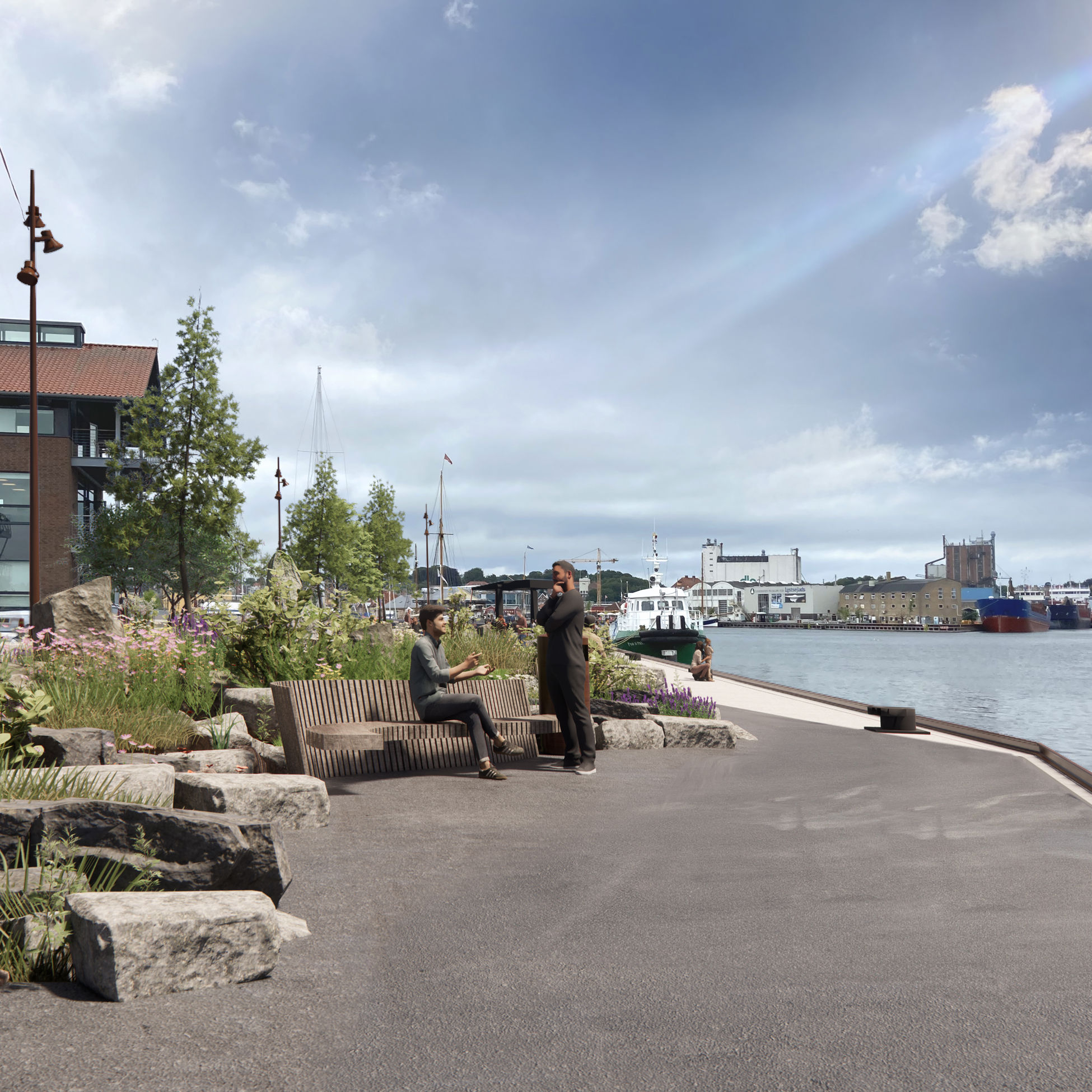 Visualisering af rekreativt byrum ved Gasværkskajen.
