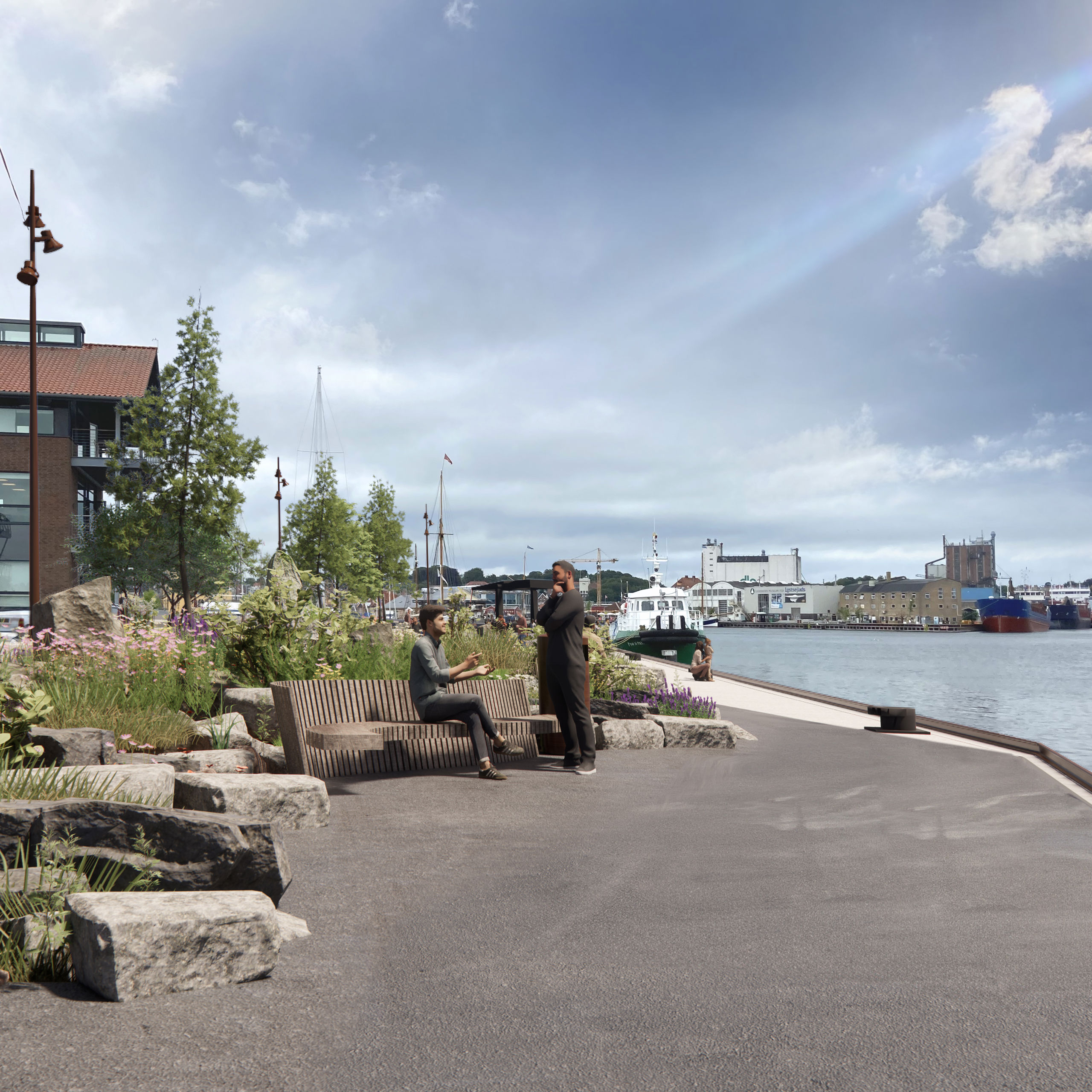 Visualisering af rekreativt byrum ved Gasværkskajen.