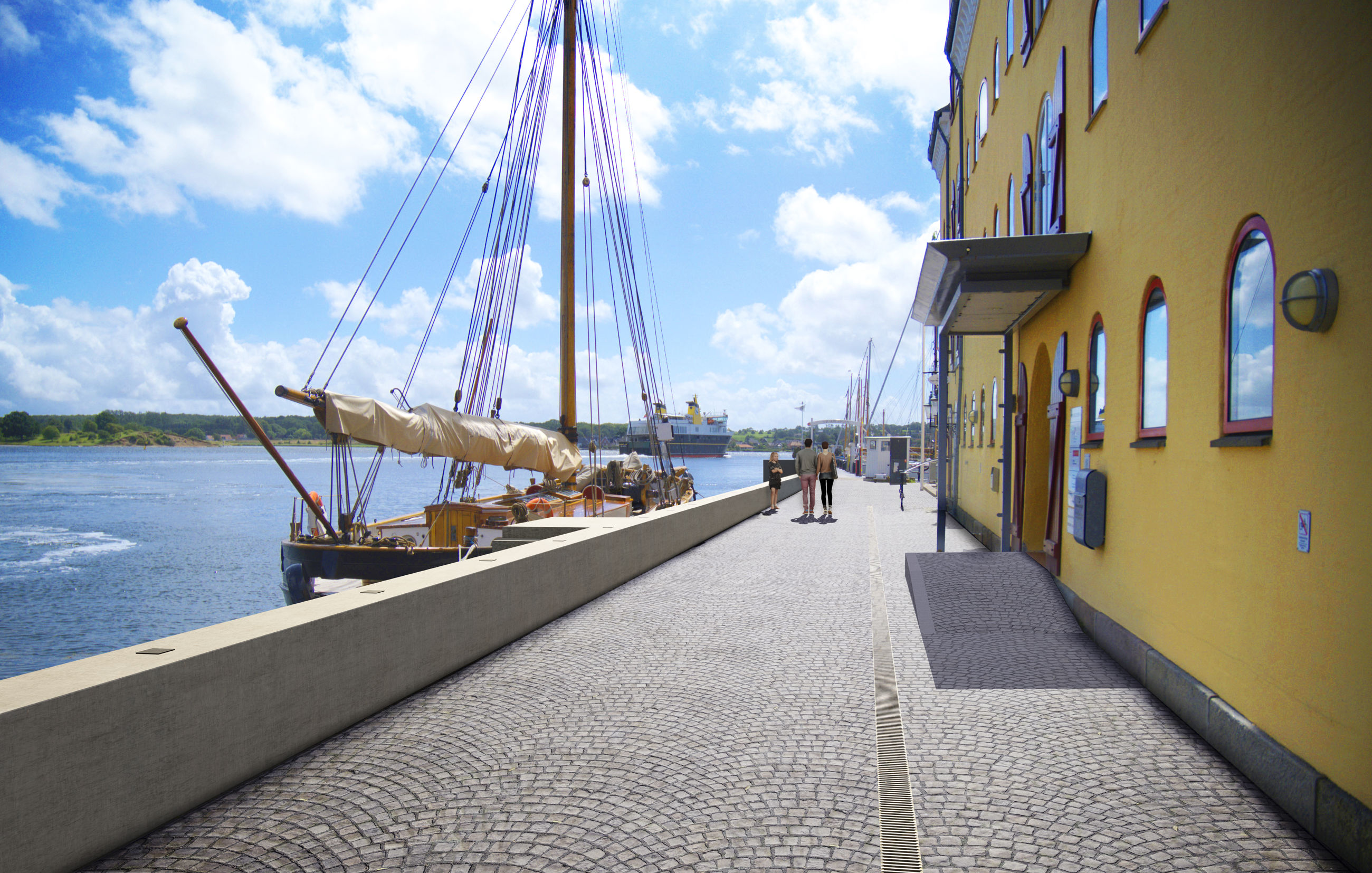 Rendering af området omkring det gule pakhus-