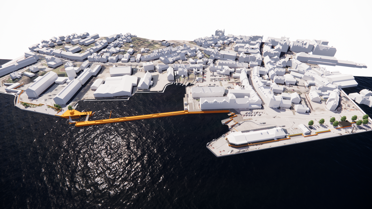 3D-visualisering af linjeføringen af højvandsbeskyttelsen af Søndre Havn og Havnepladsen