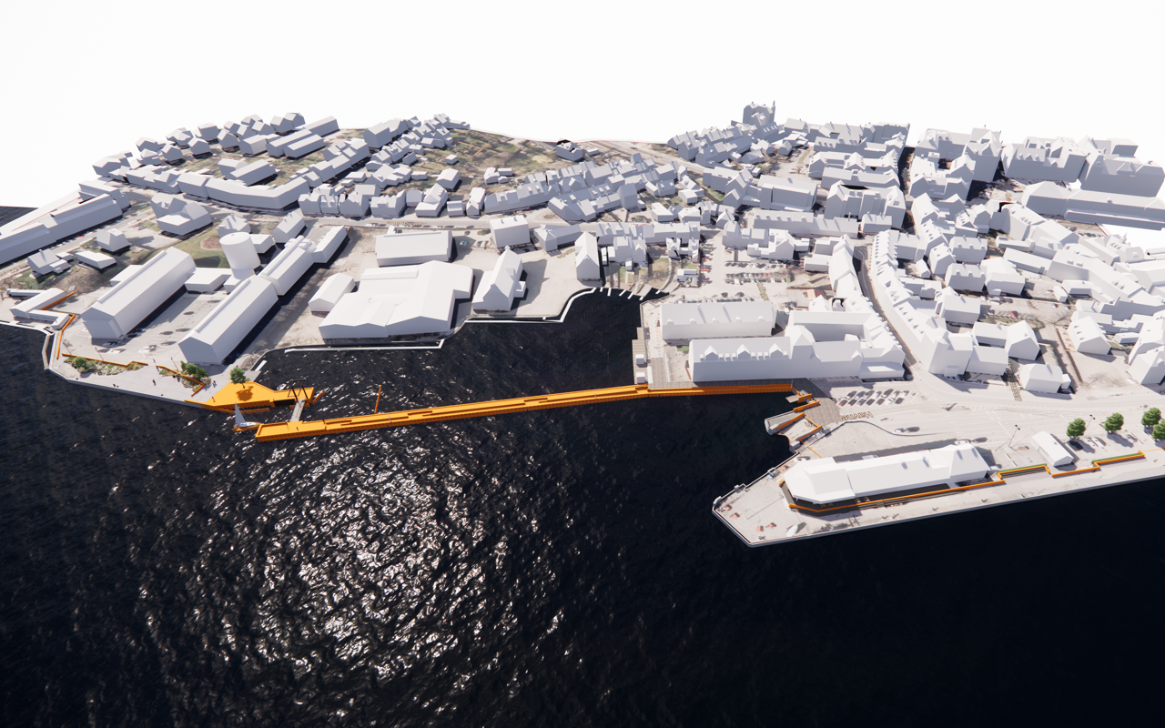 3D-visualisering af linjeføringen af højvandsbeskyttelsen af Søndre Havn og Havnepladsen