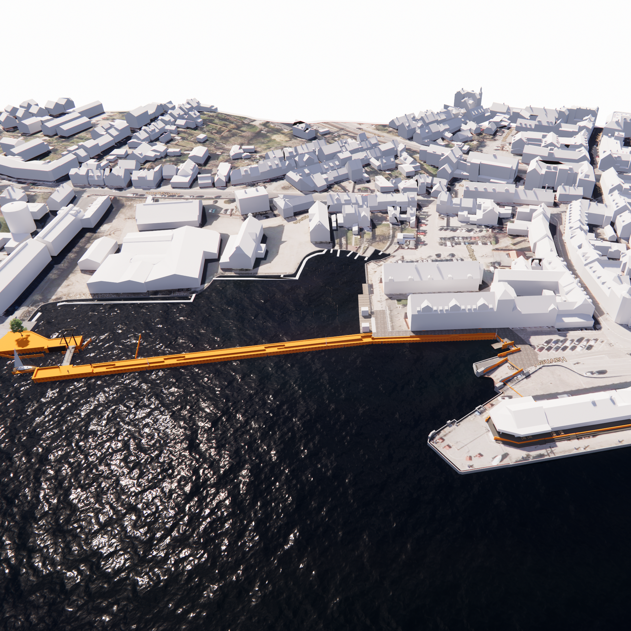 3D-visualisering af linjeføringen af højvandsbeskyttelsen af Søndre Havn og Havnepladsen