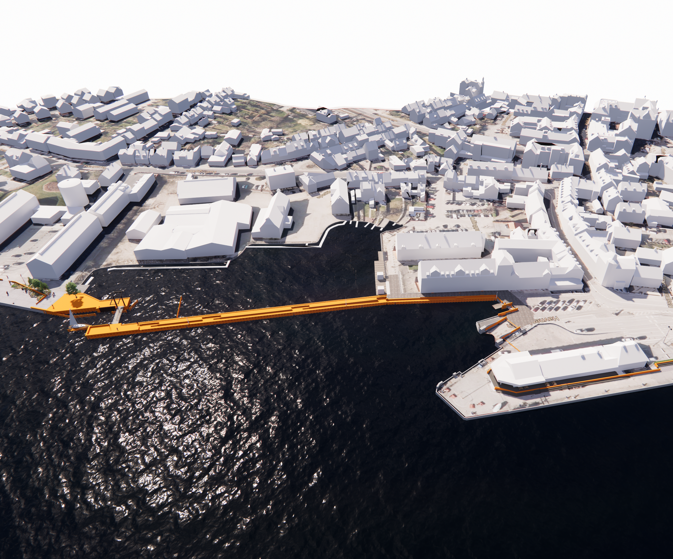 3D-visualisering af linjeføringen af højvandsbeskyttelsen af Søndre Havn og Havnepladsen