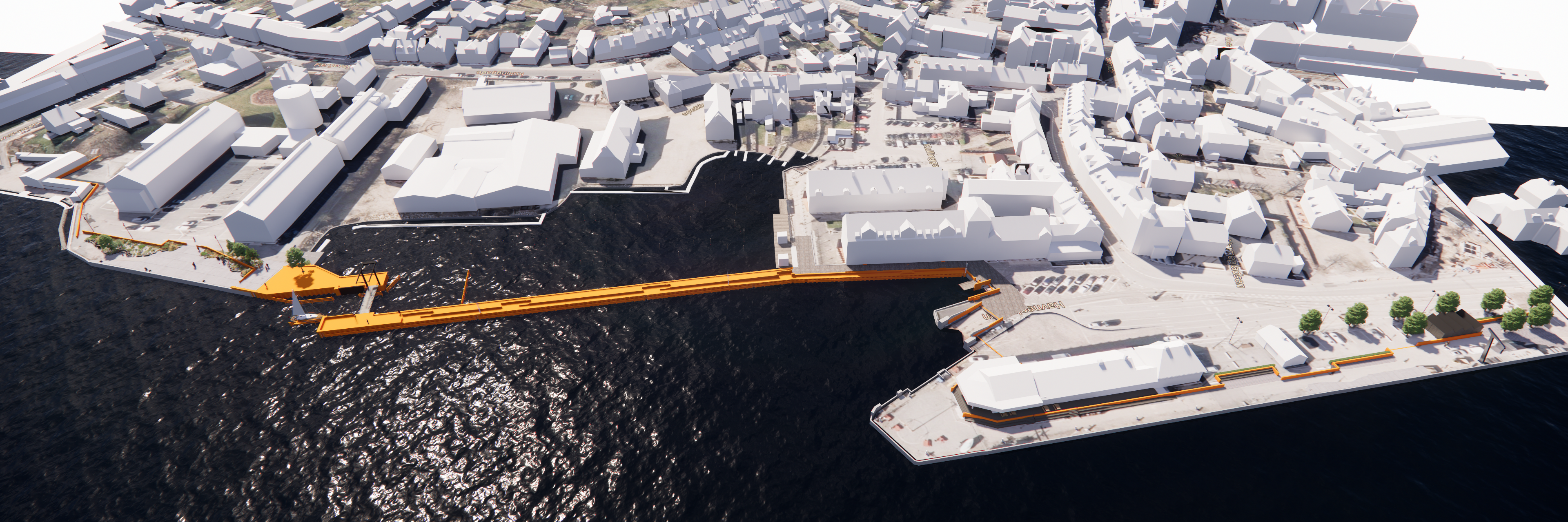 3D-visualisering af linjeføringen af højvandsbeskyttelsen af Søndre Havn og Havnepladsen