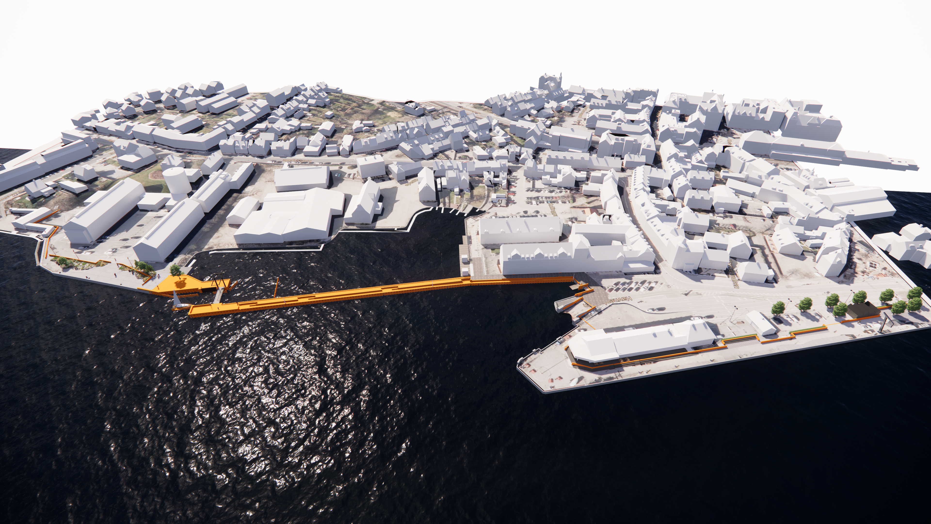 3D-visualisering af linjeføringen af højvandsbeskyttelsen af Søndre Havn og Havnepladsen