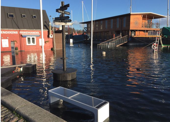 Billedet viser oversvømmelse på Svendborg Havn jan 2019